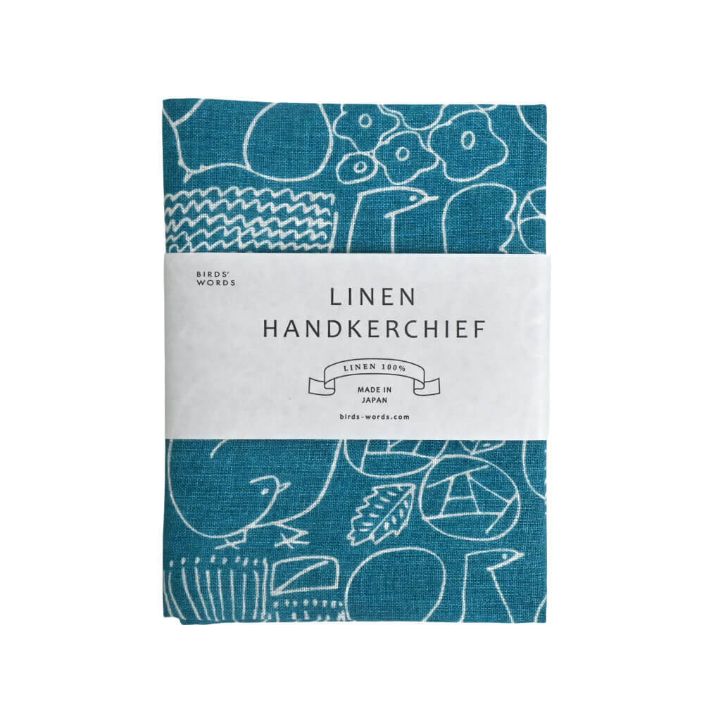 LINEN HANDKERCHIEF / BIRDS & FLOWERS　ピーコックブルー