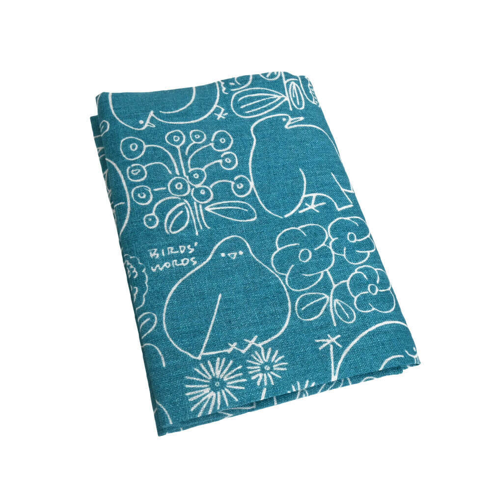 LINEN HANDKERCHIEF / BIRDS & FLOWERS　ピーコックブルー