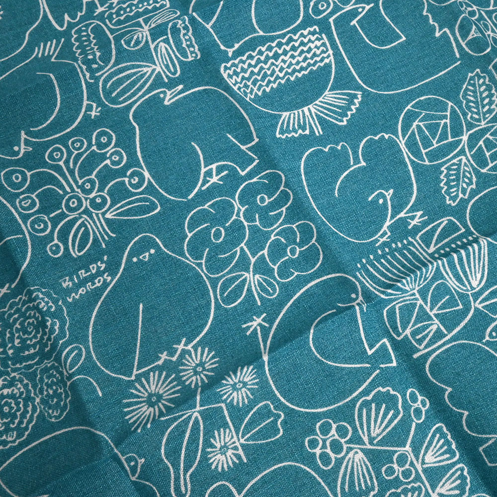 LINEN HANDKERCHIEF / BIRDS & FLOWERS　ピーコックブルー