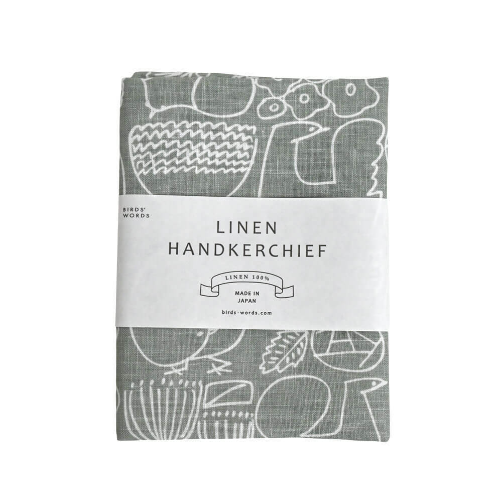 LINEN HANDKERCHIEF / BIRDS & FLOWERS　セージグリーン