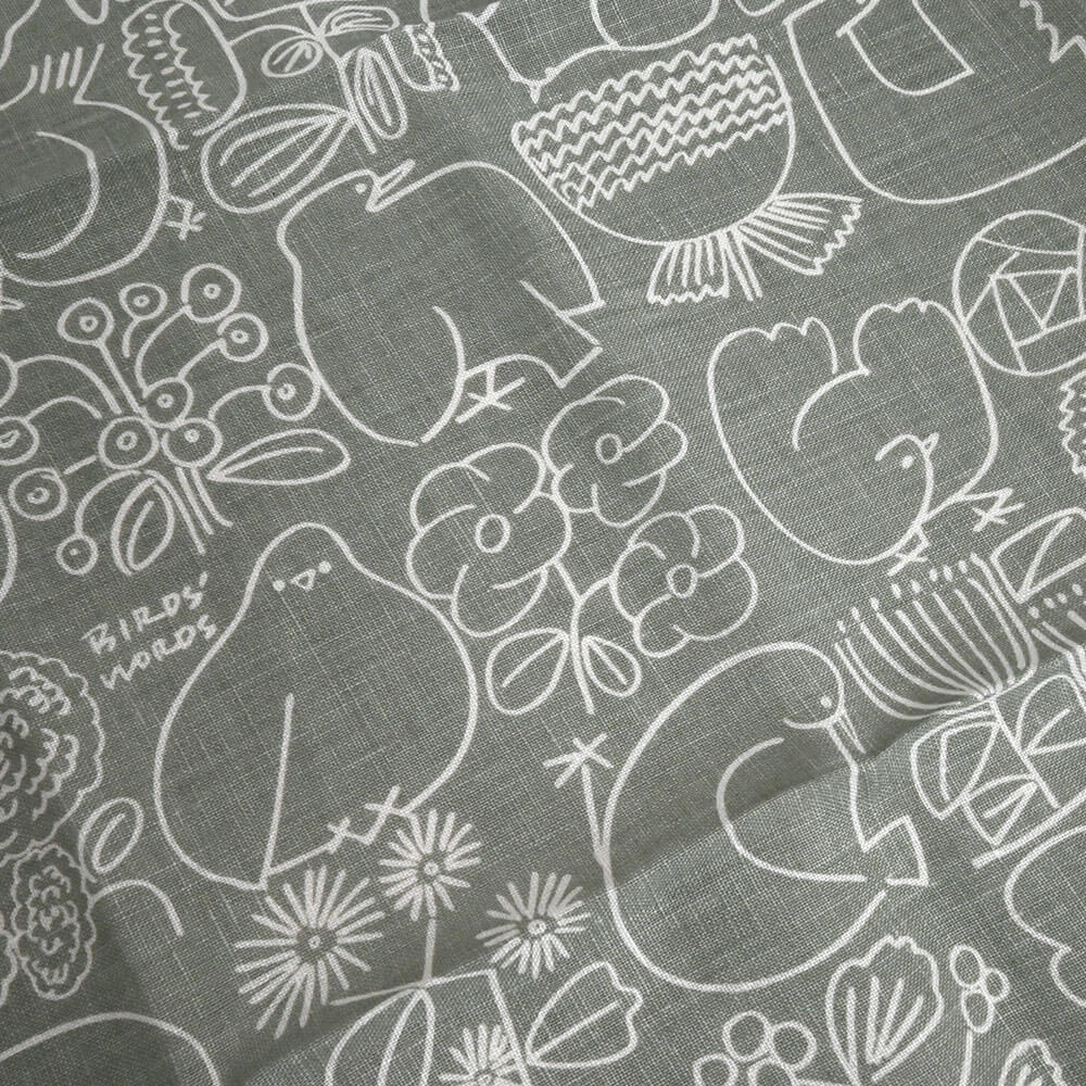 LINEN HANDKERCHIEF / BIRDS & FLOWERS　セージグリーン