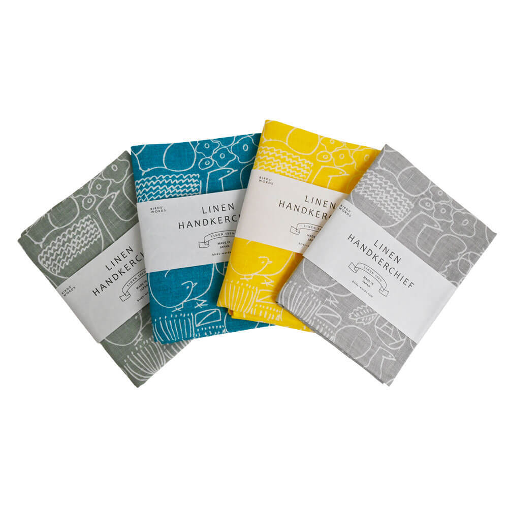 LINEN HANDKERCHIEF / BIRDS & FLOWERS　セージグリーン