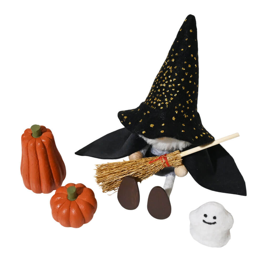 ハロウィン　おばけを抱えたキラキラ帽子の魔法使いサンタ ＆ ほうき ＆ 木のかぼちゃセット　te-nori限定　ノルディカニッセ【10月上旬～中旬発送予定】