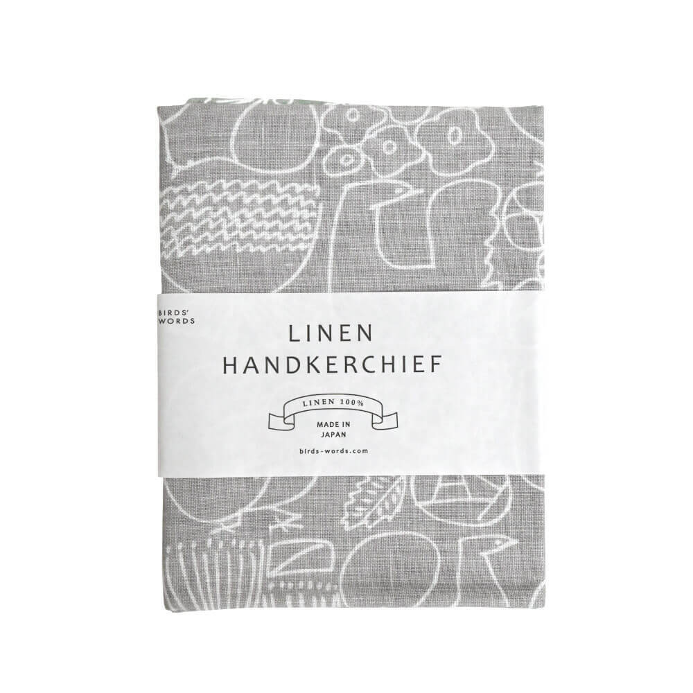 LINEN HANDKERCHIEF / BIRDS & FLOWERS　ムーングレー