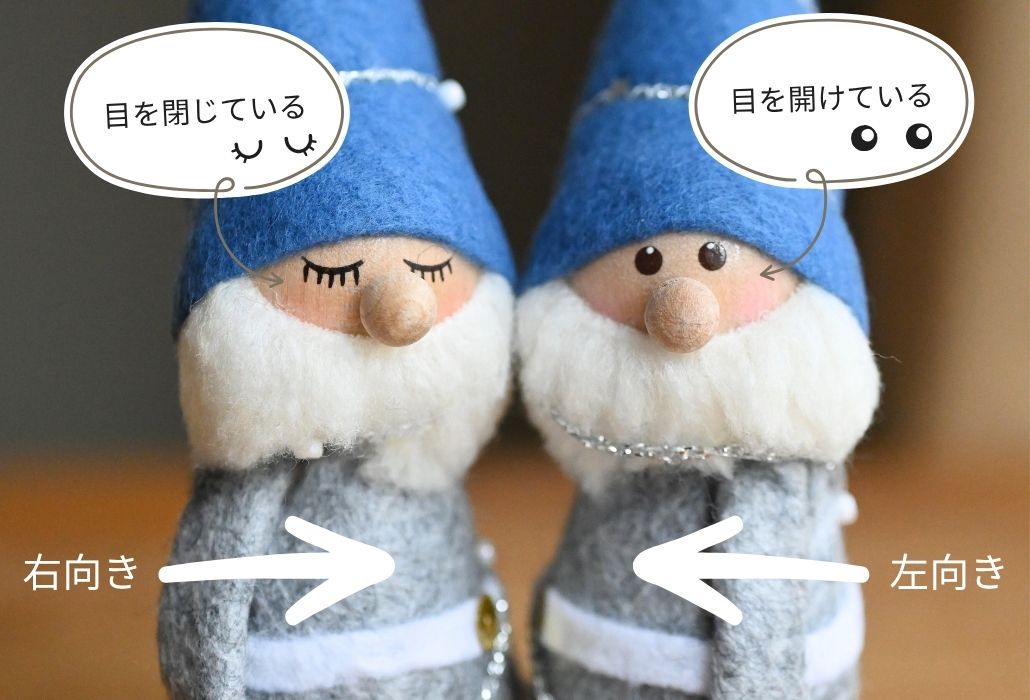 目を閉じている、目を開けている、右向き、左向き