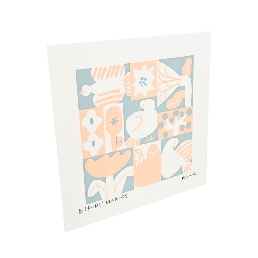 シルクスクリーン 15cm / BIRDS & FLOWERS　WH-アッシュブルー/アプリコット