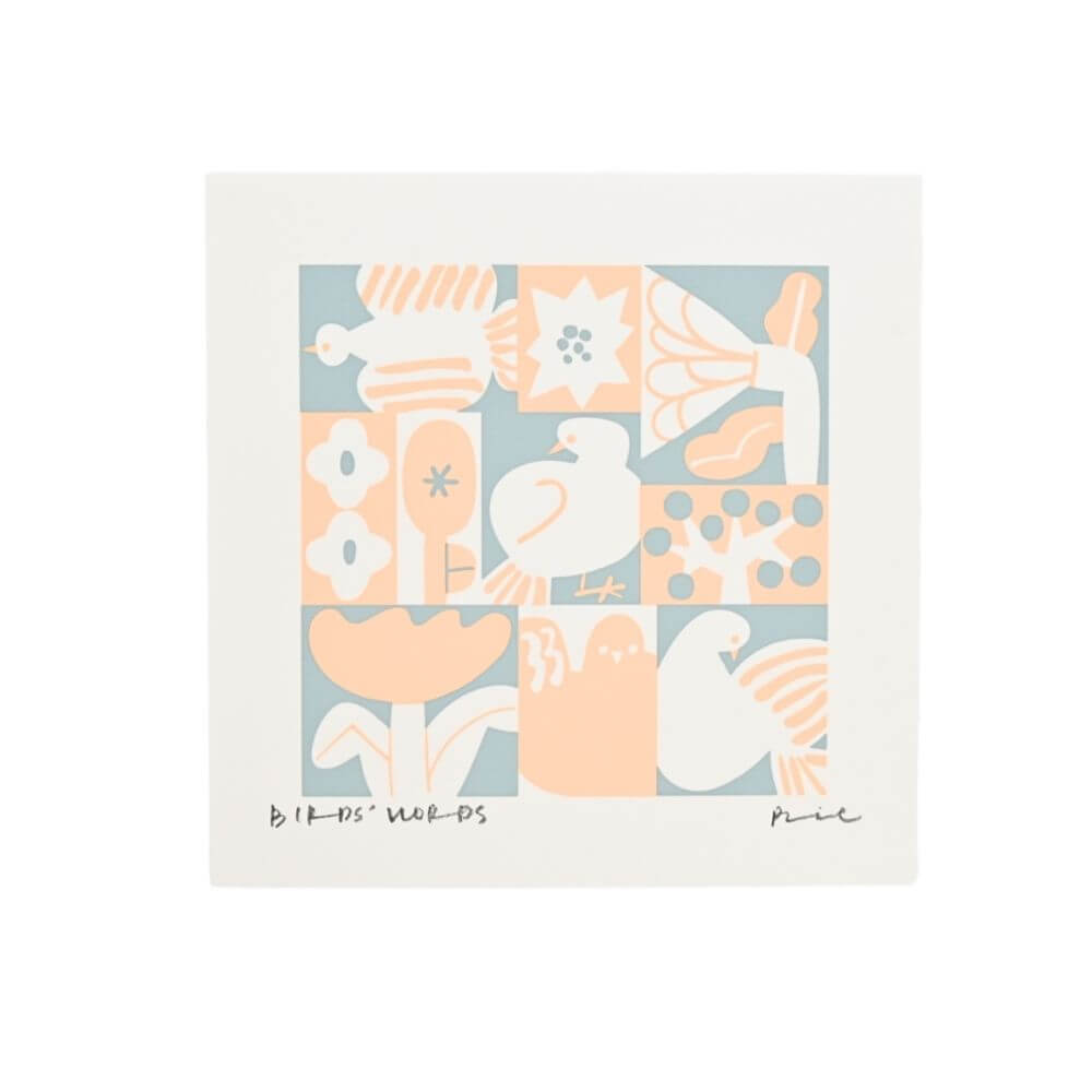 シルクスクリーン 15cm / BIRDS & FLOWERS　WH-アッシュブルー/アプリコット